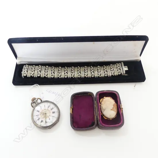 COSTUME BRACELET (AF), CAMEO (9CT LINED) & POCKETWATCH (AF) 800 SILVER CONTENT