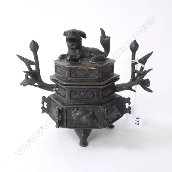 OLD ORIENTAL BRONZE INCENSE BURNER hexagonal shishi to lid flaring waterlily handles H.140mm