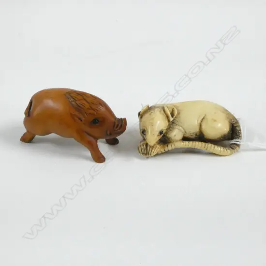 CARVED IVORY NETSUKE RAT w. CARVED WOOD NETSUKE BOAR (SIGNED) 