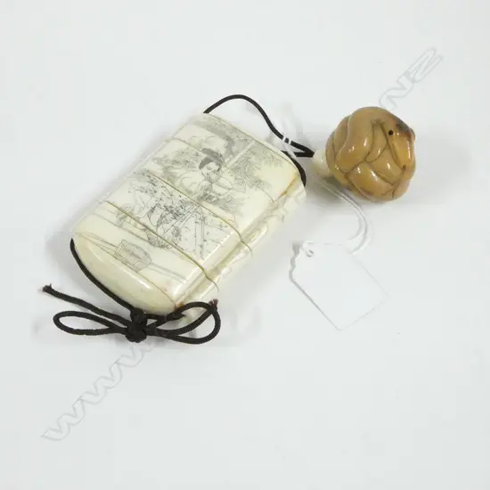 JAPANESE BONE INRO w TAGUA SNAKE NETSUKE, CARP & WOMAN WASHING CARVING