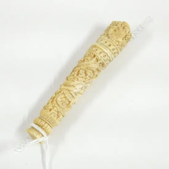 IVORY NEEDLE CASE, FINE DRAGON & BIRD CARVINGS, BROKEN, L.85mm 