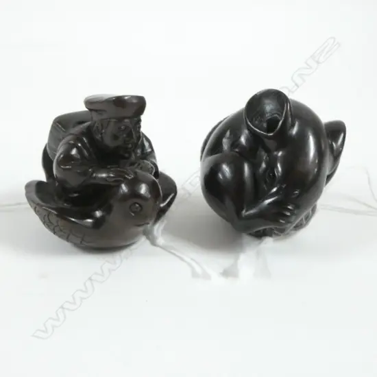 TWO CARVED WOOD NETSUKE, RAT & MAN RIDING BIRD, SIGNED