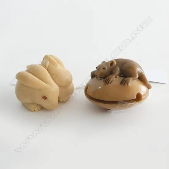TWO TAGUA NUT CARVED NETSUKE; RAT on DRUM & MOTHER HARE w BABY both w INLAID EYES, SIGNED