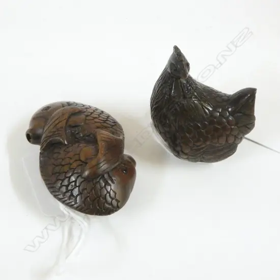 TWO ROSEWOOD NETSUKE; TWIN CARP & CHICKEN