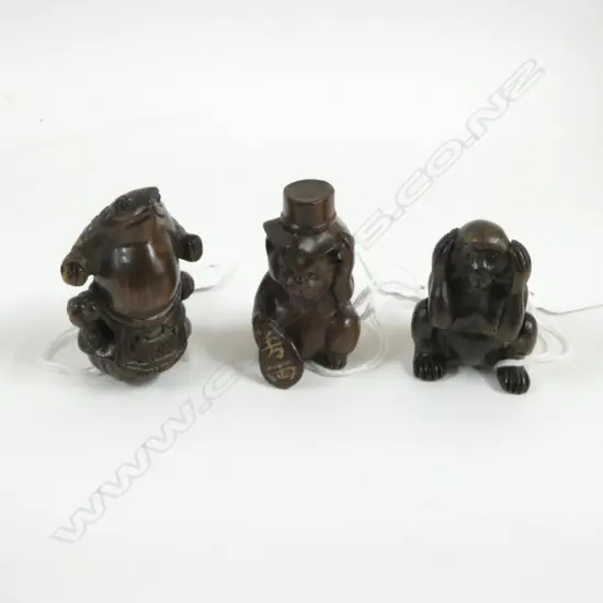 THREE ROSEWOOD NETSUKE; MONKEY, BEAR & FROG