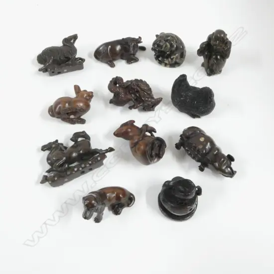 SET 12 CARVED IRONWOOD NETSUKE; ANIMALS of the CHINESE ZODIAC, SIGNATURE MARK TO BASE