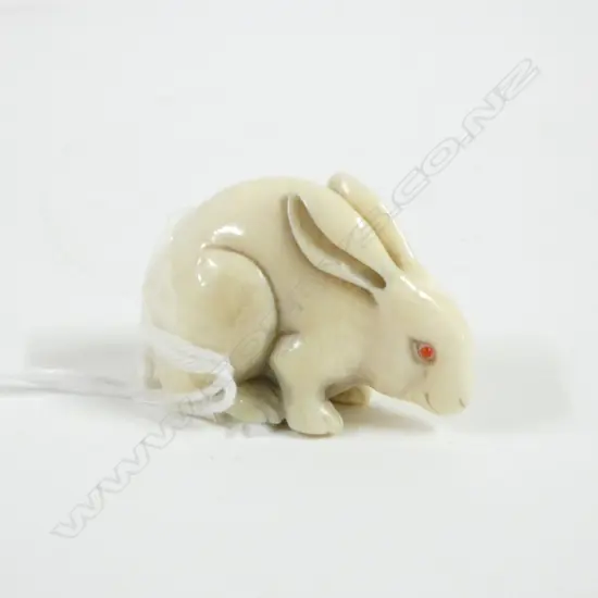 IVORY NETSUKE HARE w INLAID EYES, SIGNED