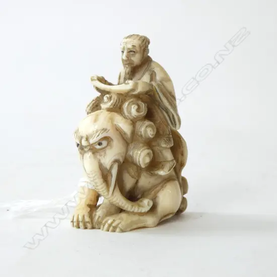 IVORY NETSUKE SENNIN on ELEPHANT, SIGNED