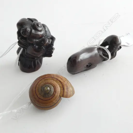 TWO CARVED ROSEWOOD NETSUKE; WHALE w SQUID & CRAB CLIMBING LOTUS POD, SIGNED & LACQUERED SHELL