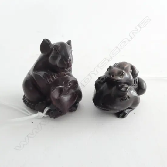 TWO CARVED ROSEWOOD NETSUKE; MOTHER & BABY RATS,MOTHER & BABY FROGS