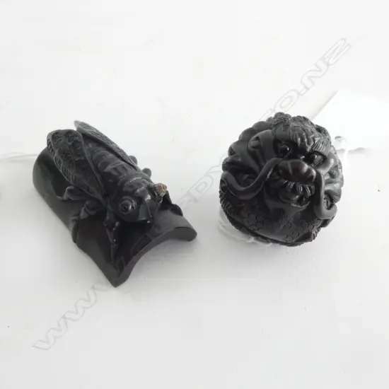 CARVED ROSEWOOD NETSUKE LOCUST on BAMBOO & DRAGON BALL