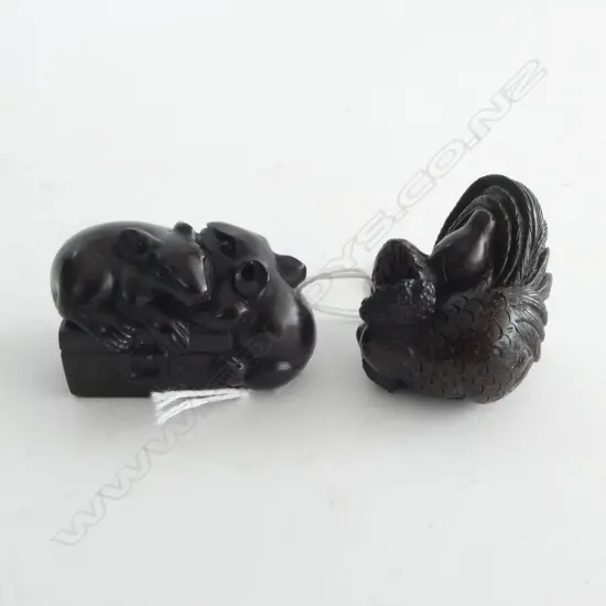 TWO CARVED ROSEWOOD NETSUKE; MICE on SUITCASE & ROOSTER, HEN WITH 2 CHICKS, SIGNED