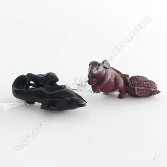 TWO CARVED NETSUKE; FROG RIDING WHALE & SQUIRREL w CORN