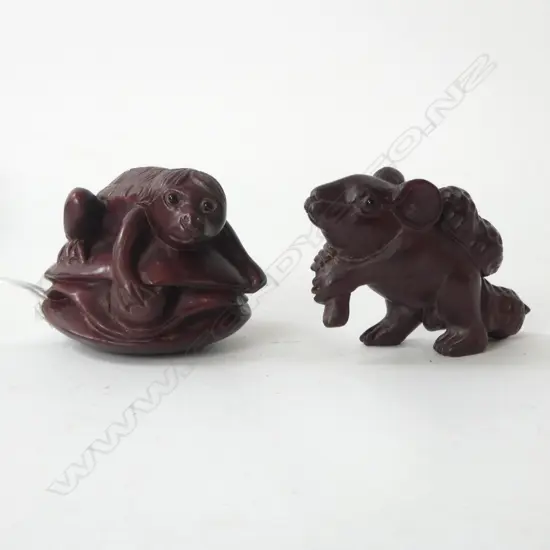 TWO CARVED ROSEWOOD NETSUKE; FROG IN TURTLE SHELL on LILYPAD & SQUIRREL w NUTS