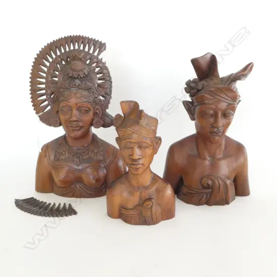 3 INDONESIAN CARVED WOODEN BUSTS H.350mm 1 AF
