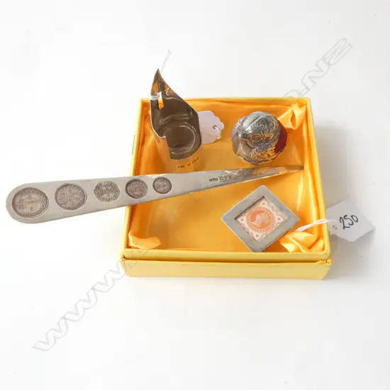 4 PCES STG SILVER; FOUNTAIN NIB FORM INK WELL(16.7gms), SPARROW FORM PIN CUSHION, LETTER OPENER (27.9gms) & STAMP HOLDER
