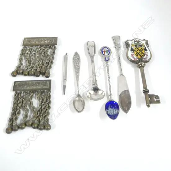 STG SILVER & ENAMEL 'BOROUGH OF HEYWOOD HEALTH OFFICES...1934' KEY, CONT. SILVER SPOON, STG PROPPELING PEN, etc (6)