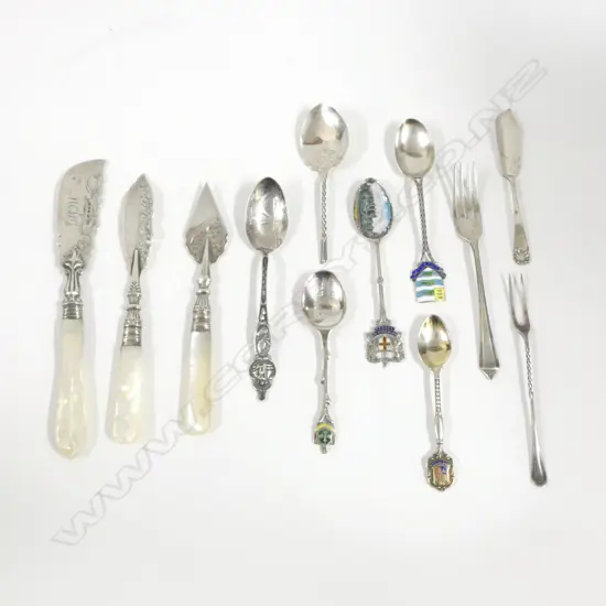 4 STG SILVER & ENAMEL SOUVENIR SPOONS, 3 STG UTENSILS w. MOP HANDLE & 5 STG SILVER UTENSILS (1 w. STEM BROKEN)