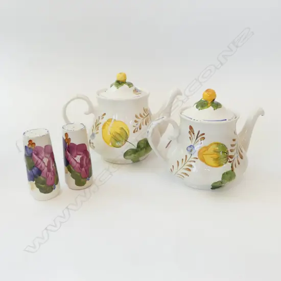 2 MILLIE FIORE CHINA TEAPOTS H180MM & PR SALT PEPPERS