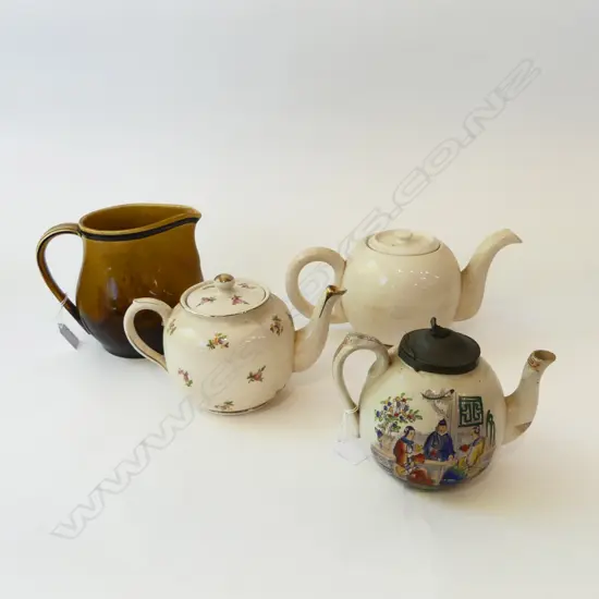 ROYAL DOULTON HOLBEINE 'MUCKROSS ABBEY' JUG, ANTIQUE HANDPAINTED CHINOISERIE TEAPOT & 2 OTHERS