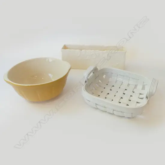 3 CERAMICS; MIXING BOWL 225mm dia, WOVEN BASKET, SPODE TROUGH VASE W.320mm CHIPS