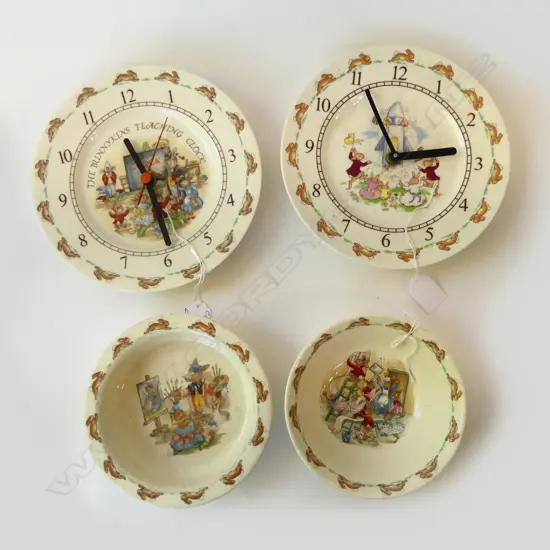 4 ROYAL DOULTON BUNNYKINS PIECES: 2 CLOCKS (1 PLASTIC) + 2 BOWLS