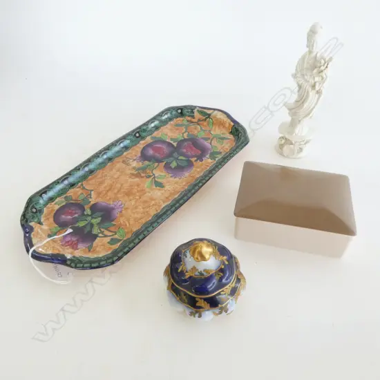 MALING CHINA SANDWICH PLATE L300MM LIDDED POOLE BOX LIDDED LIMOGE BOX & CHINESE FIGURE