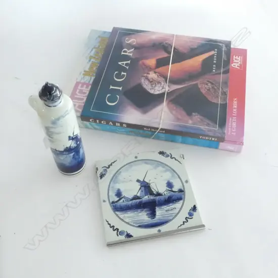 2 BOOKS + 2 DELFT POTTERY PIECES: TILE & DECANTER