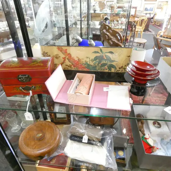 JAPANESE SCROLL ON DISPLAY STAND, REPRODUCTION SCROLL BY SAKAI HOITSU,  LACQUER BOX & DISHES