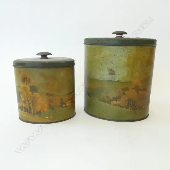 ANTIQUE 'FLOUR' & OTHER TIN; Decorated w. country scene H.220mm