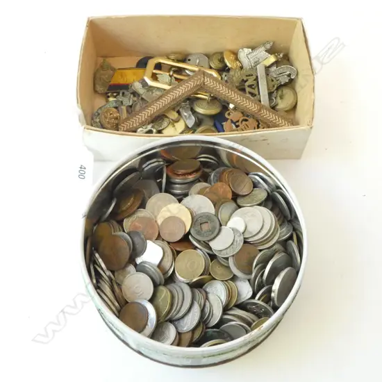 ASST MILITARY PINS, BADGES, WORLD COINS, etc; INCLUDING NZ, EGYPT