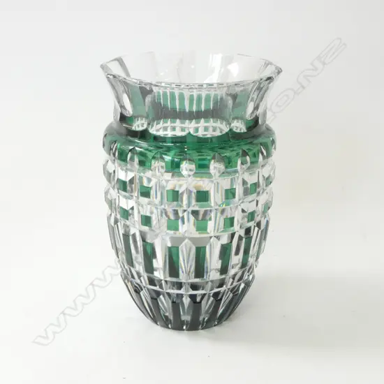 VAL ST LAMBERT CUT CRYSTAL VASE WITH GREEN FLASHING H200MM