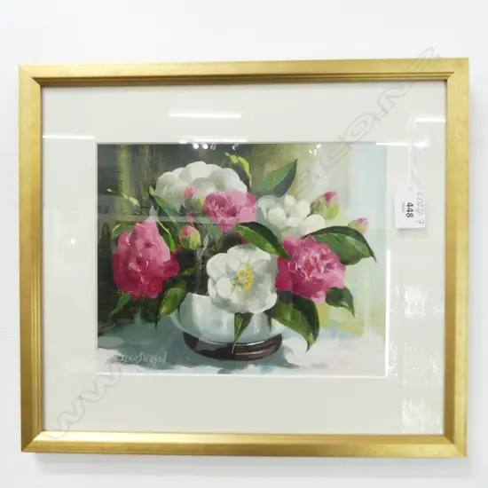Jennis Wilson acrylic painting camellias signed. 195 x 240mm