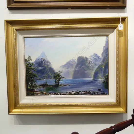 Glenn Brickell acrylic on canvas painting of Mitre Peak & Milford Sound. 380 x 540mm