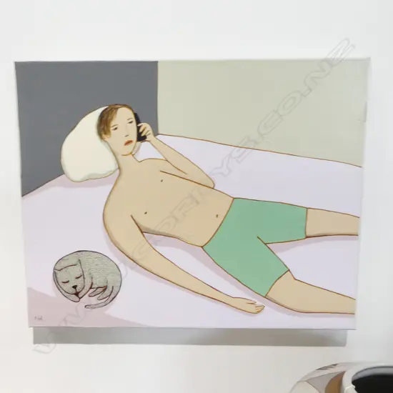 NICK FEDAEFF, UNTITLED (BOY w. CAT) ACRYLIC ON CANVAS 400x510mm