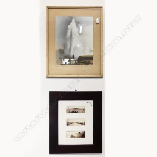 AUCKLAND PHOTO TRIPTYCH + POHUTU GEYSER WHAKAREWAREWA HAND COLOURED PHOTO 380x295mm