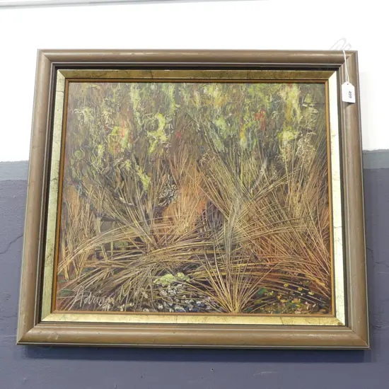 ADRIAN MOERENHOUT 'GRASSES & LICHEN' OIL ON BOARD '91 390x445mm