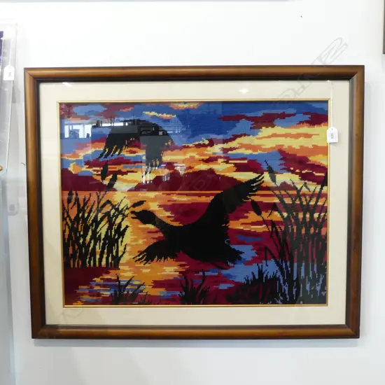 FRAMED NEEDLEWORK, LAKE SUNSET w. DUCKS 475x625mm