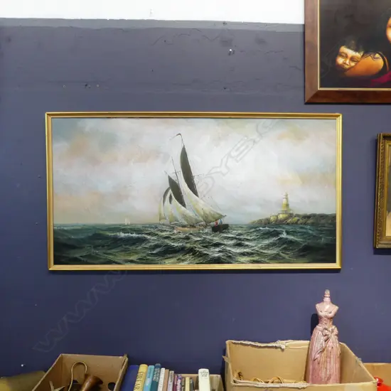 SEASCAPE w. YACHT, OIL ON BOARD 610x1190mm