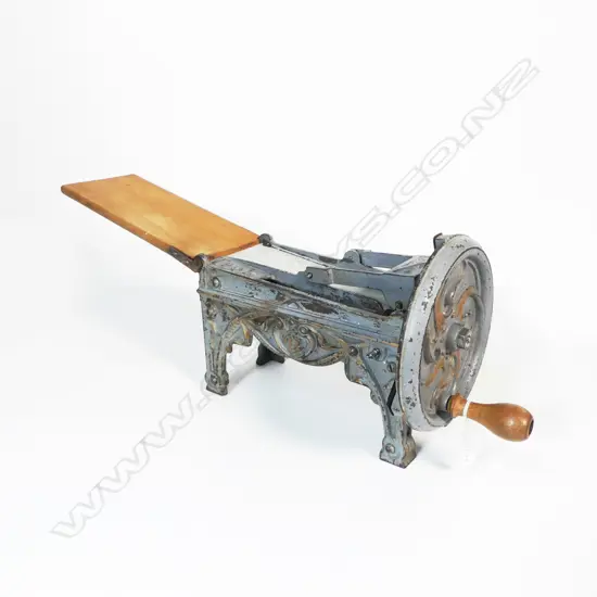 (1144)  ANTIQUE CAST IRON & WOOD PASTA CUTTER, MARKED TECK L.330mm