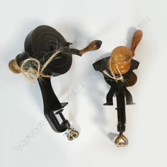 (2182) 2 VINTAGE CAST IRON TABLETOP VEGETABLE SLICERS LARGEST H.350mm