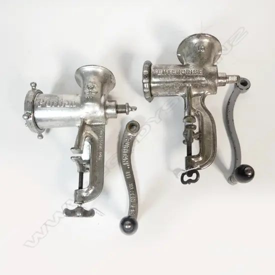 3612/3675 2 VINTAGE CAST METAL BENCH MINCERS PURITAN & ENTERPRIZE  L300MM