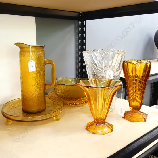 6 PCES AMBER GLASS (2 VASES, 2 FOOTED DISHES, BOWL, JUG (CHIP)) & CLEAR GLASS VASE
