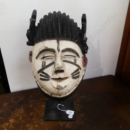 CARVED WOODEN GABON? AFRICAN MASK ON METAL STAND H.330/430mm