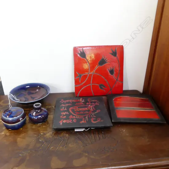 3 PCES STUDIO POTTERY & 3 WALL TILES (RR & 2 ALAM)