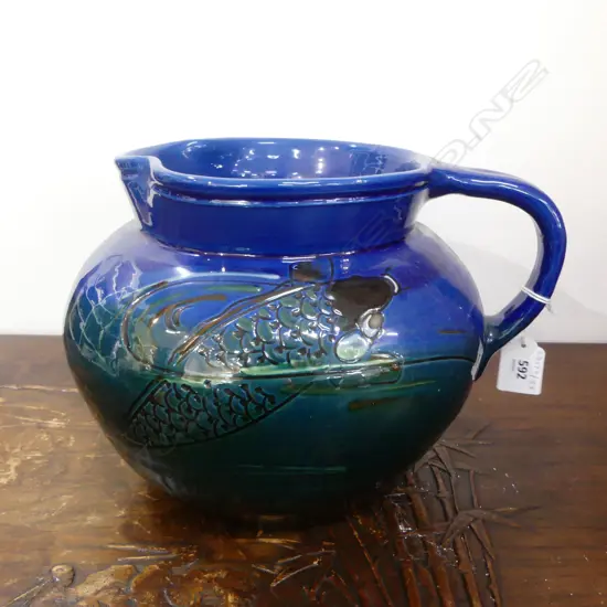 LG STUDIO POTTERY JUG w. CARP FISH INCISED C H BRANNAM H.185mm