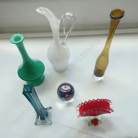 6 PCES ART GLASS; 3 VASES, JUG, SERVIETTE HOLDER, PAPERWEIGHT H.380mm