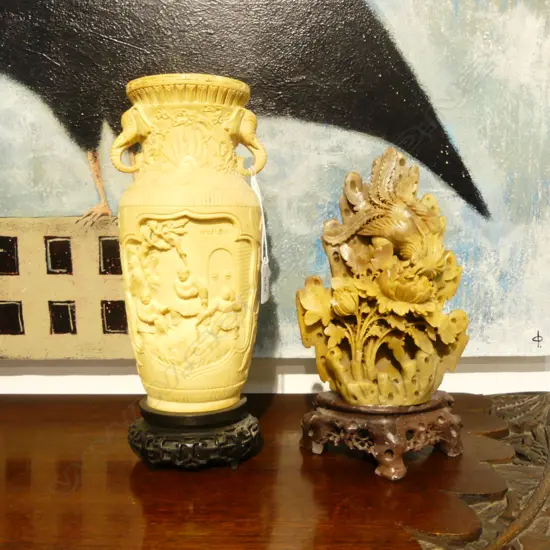 CHINESE RESIN VASE H.300mm + CARVED STONE SCUPLTURE H.260mm