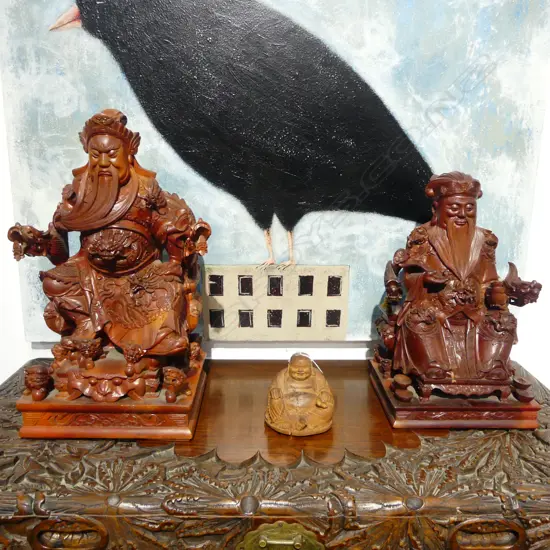 3 CHINESE CARVED WOODEN FIGURES H.480mm 2 w. FAULTS