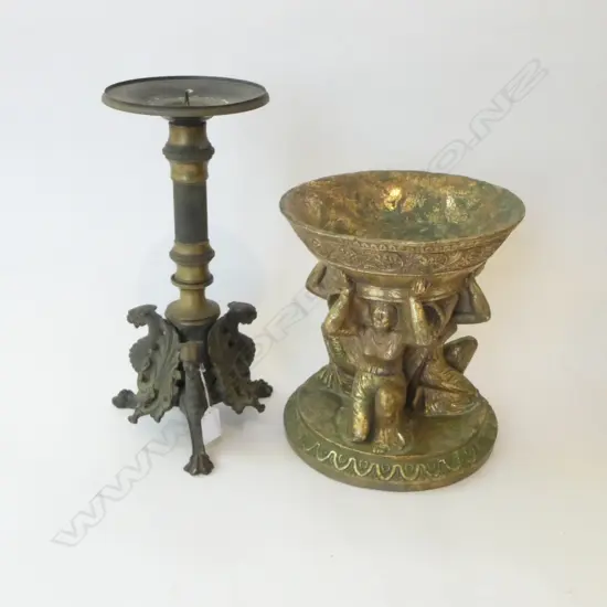 METAL COLUMN CANDLESTICK H.335mm + GOLD RESIN COMPORT